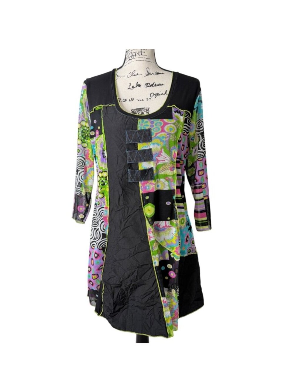 Dolcezza Womens Size L Dress Art to Wear Tunic Patchwork With 3/4 Sleeves Boho